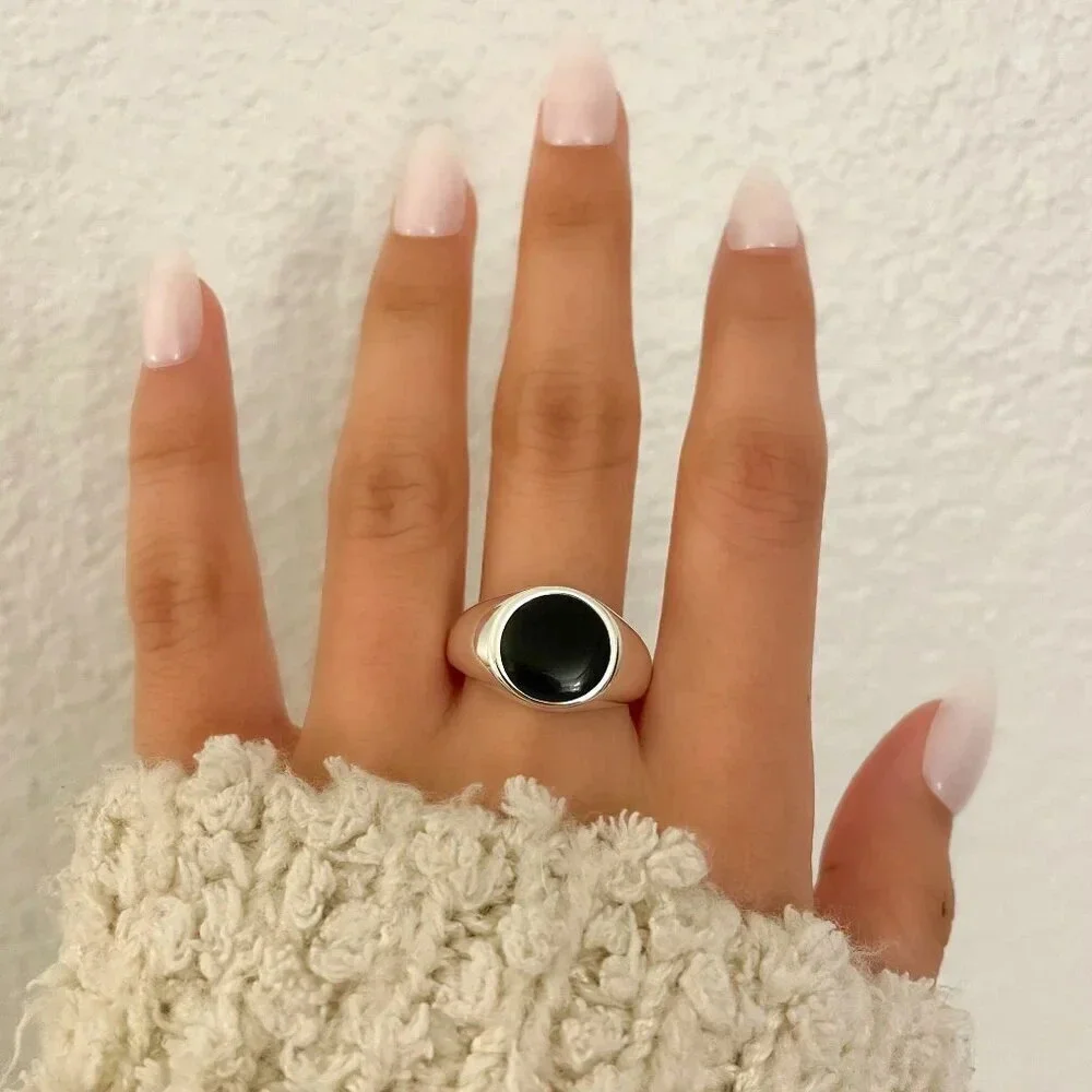 925 Sterling Silver Black Circle Ring Chunky Ring Oval Ring Thick Ring